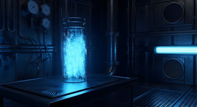 Glowing blue substance contained in a cylindrical vessel on a table in a dark room