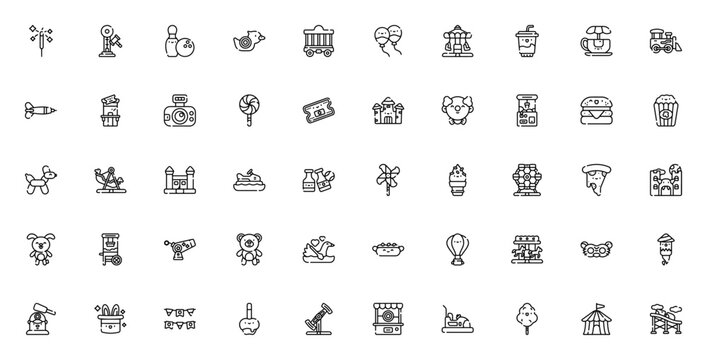 Amusement park icon set. Minimal thin line vector icons pack. Includes symbols for fireworks, Ferris wheel, roller coaster, carousel, popcorn, balloon, clown, ticket, castle, train, and more.