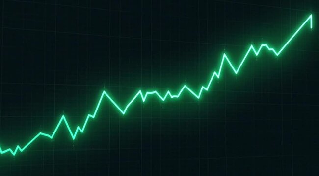 Green glowing line graph trending upward on dark grid background