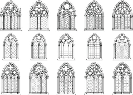Ornate Gothic Cathedral Window Collection with Decorative Stained Glass Arch Designs Vector Illustration Set