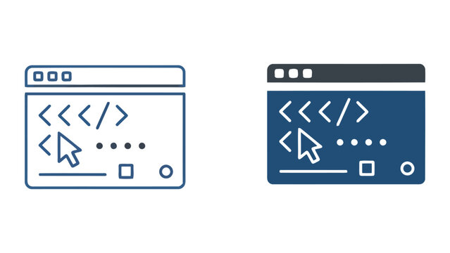 Web browser coding window icons with cursor and script tags for software development and programming concepts