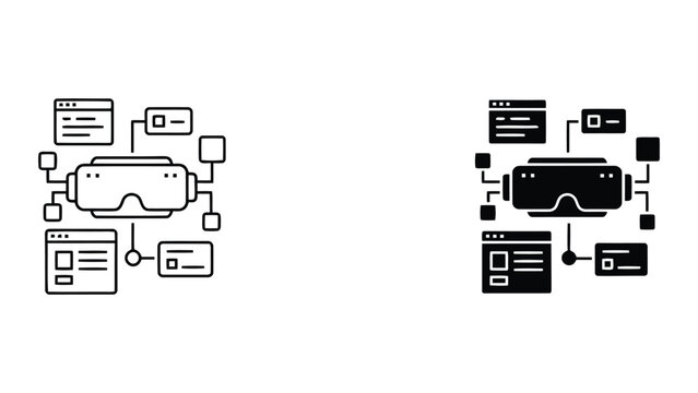 Virtual reality headset connected to various digital application windows in flat vector icon style for immersive technology software development and vr user interface design concept graphic