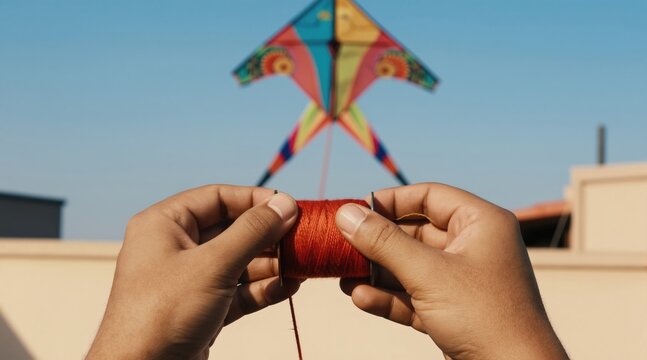 Hands wind orange string onto spool for colorful kite flying high in clear blue sky. People enjoy traditional festival fun on rooftops. This activity requires skill and patience.