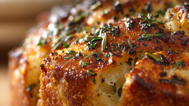 Buttery crust with herb flecks (rosemary, thyme, parsley) and cracked black pepper, tiny streaks of pan jus shining in the crevices