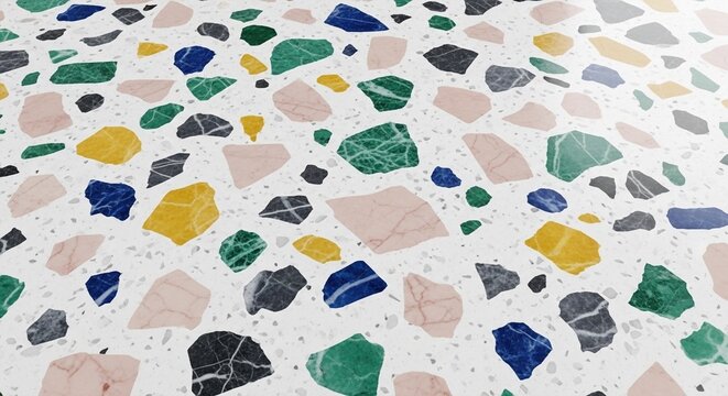 Colorful terrazzo floor pattern with large chips of marble and stone