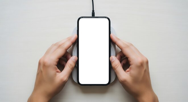 A modern smartphone with a blank white screen is being charged wirelessly on a sleek pad, held by hands, showcasing contemporary mobile technology.