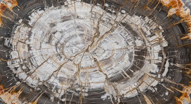 Close-up view of a petrified wood cross-section showcasing intricate growth rings and mineralized textures