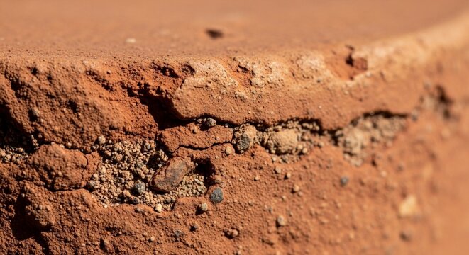 Close-up of weathered red brick texture with visible cracks and aggregate detail