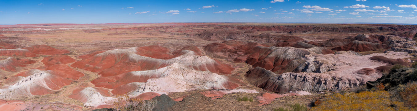 Petrified Forest National Park in Arizona. Painted Desert View from Kachina Point. The Painted Desert desert of badlands known for its brilliant and varied colors: red, lavender, and orange. 