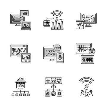 Set of icons representing smart home technology, data analysis, and network connectivity.