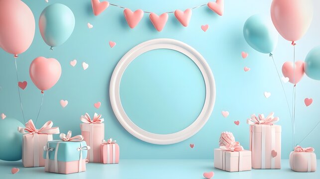 Pastel party background featuring blank circular signage template for text. Romantic anniversary template with empty round picture frame and presents