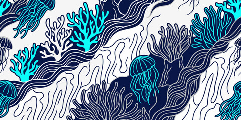 Batik blue abstract seamless vector pattern with vintage feather ornaments and wavy nature lines for textile wallpaper decoration © Dimas