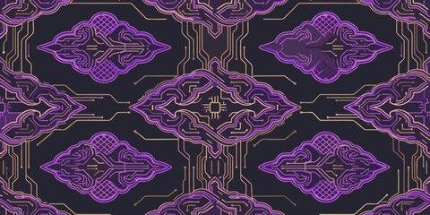 Batik vintage damask seamless floral pattern featuring purple and violet curls for an elegant vector textile wallpaper design and retro fabric art decoration © Dimas