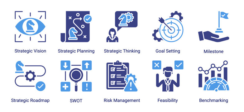Strategy planning icon set featuring vision,goal setting,roadmap,analysis,and risk management concepts for business decision making and strategic development