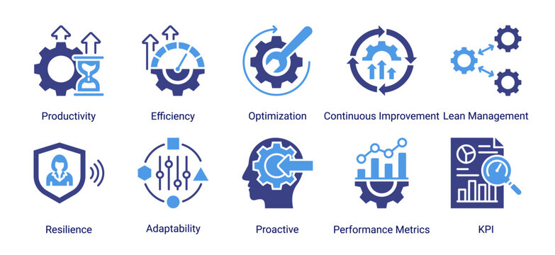 Performance optimization icon set featuring productivity,efficiency,kpi,and continuous improvement concepts for business growth and operational excellence