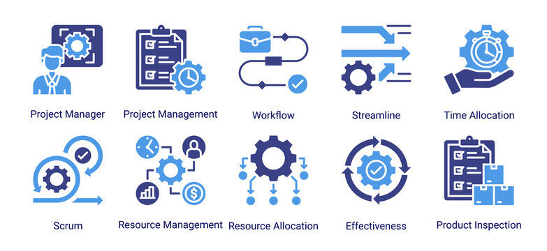 Project workflow icon set featuring management,resource allocation,workflow,and agile concepts for efficient project execution and task management