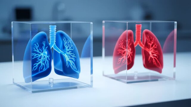 Two sets of lungs red and blue are encased in clear cubes.