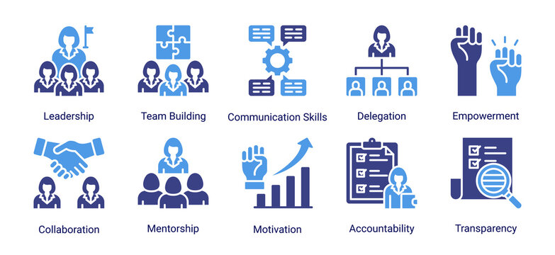 Team leadership icon set featuring communication,collaboration,motivation,and empowerment concepts for effective team management and workplace productivity