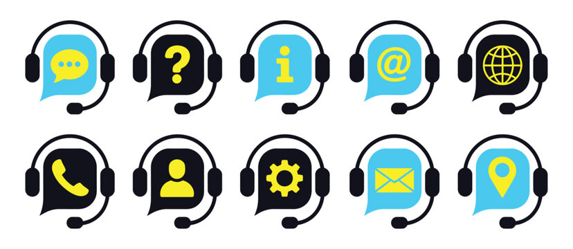 Customer support service icon set with headphones and communication chat symbols, vector illustration collection for help center and call center assistance design.