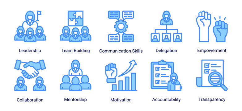 Team leadership icon set featuring communication,collaboration,motivation,and empowerment concepts for effective team management and workplace productivity