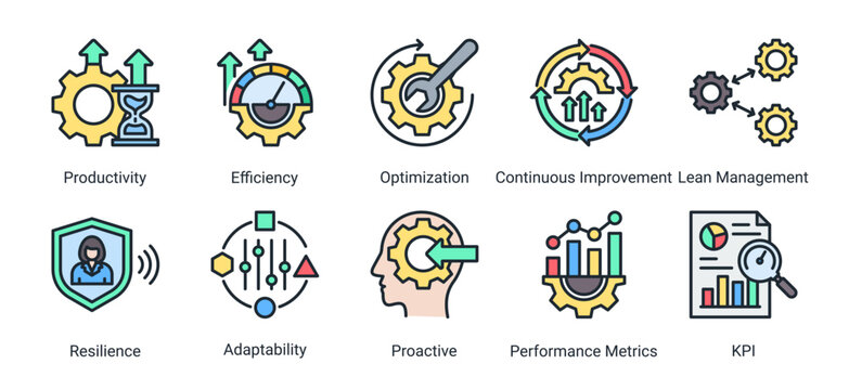 Performance optimization icon set featuring productivity,efficiency,kpi,and continuous improvement concepts for business growth and operational excellence