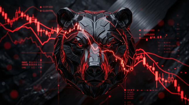 Futuristic bear head with glowing red lines symbolizes market concept of bearish trend in finance, highlighting intense and dynamic nature of market fluctuations