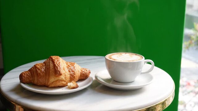 Cozy cafe window seat with steaming cappuccino latte art golden croissant on marble table green screen backdrop hot coffee breakfast pastry steam white cup saucer fresh morning ambiance