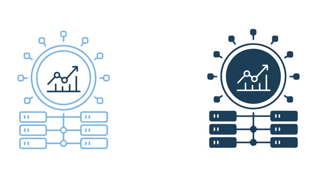 Data analytics dashboard with growth graph inside digital circle connected to server racks in flat vector icon style for business intelligence and cloud data performance monitoring concept
