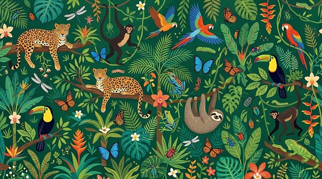 Colorful Tropical Jungle Animals Arranged Among Dense Green Rainforest Foliage
