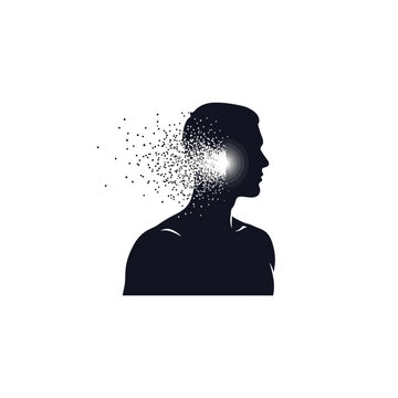 Silhouette of a man's head with particles exploding from it.