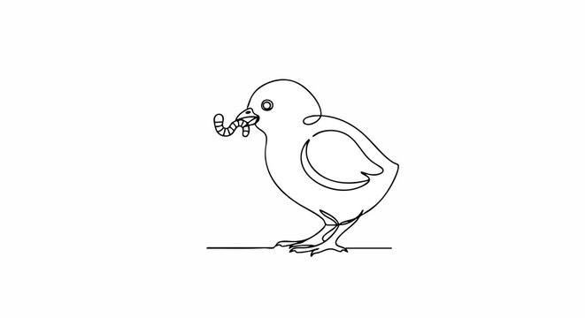 Continuous line drawing of a chick with a worm