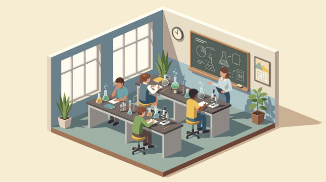 Isometric view of a vibrant science classroom with diverse students and a teacher conducting experiments