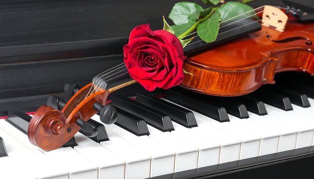 Rose and violin on piano keys