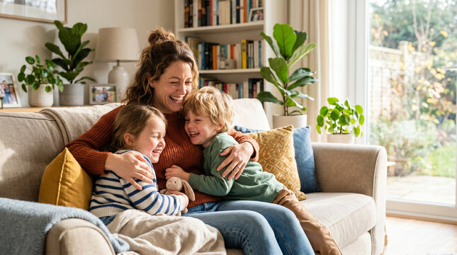 Happy single mother hugging her son and daughter on the living room couch