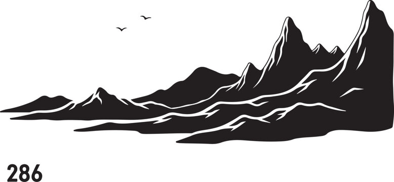 Black mountain range landscape, silhouette illustration, vector graphic, 286 elements