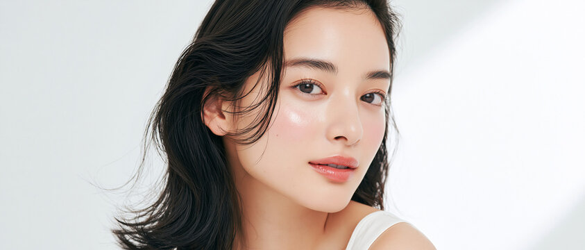 美容, 女性, スキンケア, 化粧品, ビューティー, 若い女性, 美肌, 日本人, アジア人, フェイシャル, メイク, 美容液, 保湿, クリーム, エイジングケア, 美容医療, エステ, 美容クリニック, 肌ケア, ナチュラルメイク, 透明感, ツヤ肌, モデル, 笑顔, ポートレート, クローズアップ, リラックス, 癒し, 健康的, 美白, コラーゲン, ヒアルロン酸, アンチエイジング