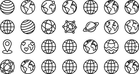 Comprehensive Earth Globe and World Planet Icon Set Featuring Global Network, Saturn, Map Contours, and Navigation Symbols for International Business, Travel, and Connectivity Designs © monoara