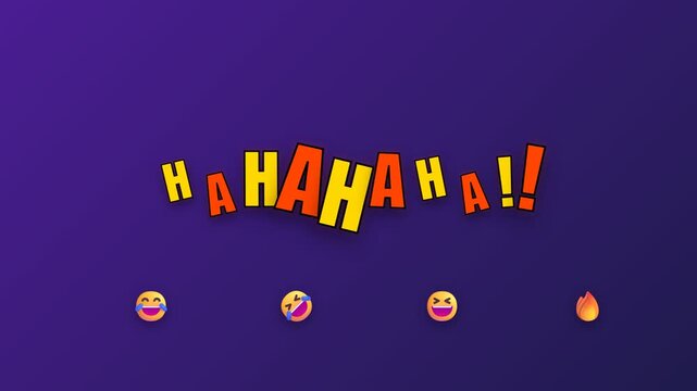 Colorful HAHAHA Typographic Expression with Fun Emoji and Fire Icons on Purple Background