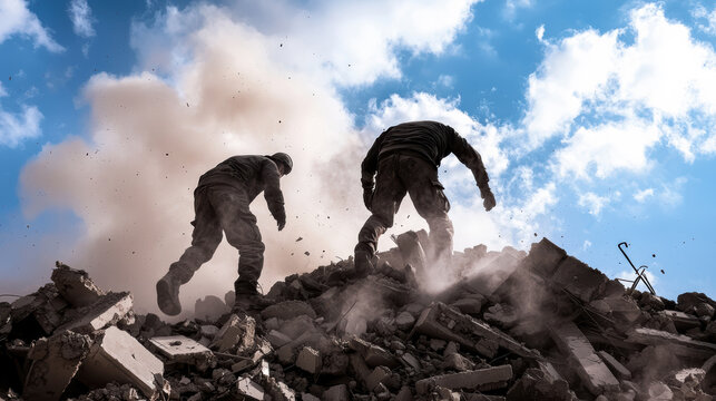 Two soldiers climb over rubble amid dust and debris, silhouetted against a blue sky with scattered clouds.