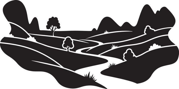 Black silhouette landscape, mountain range, rolling hills, countryside scene, vector illustration