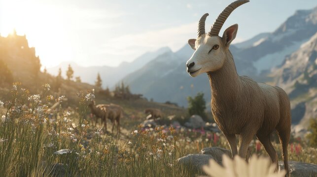 Majestic Goat Standing in Flowering Meadow at Sunrise with Mountains