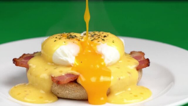 Eggs benedict with runny yolk and creamy hollandaise sauce on toasted English muffin with crispy bacon, savory breakfast dish featuring poached egg and toasted bread, delicious creamy sauce meal