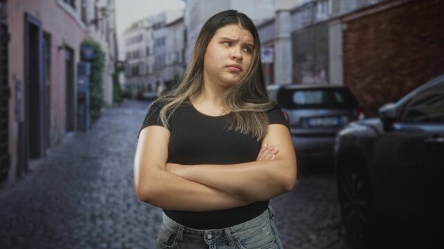 Young woman with crossed arms showing bare forearms on cobblestone street, frowning and glancing aside; defiance.