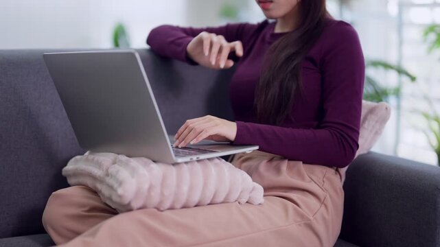 young asian woman using laptop computer working from home sitting on sofa with cat relaxing browsing internet remote work online communication in modern living