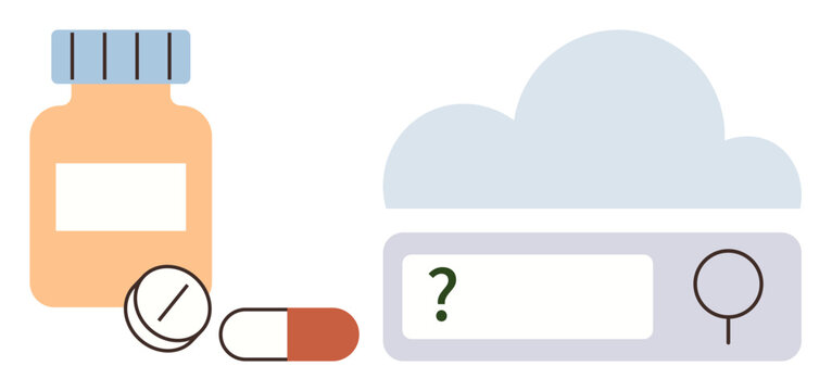 Healthcare, telemedicine, medication search, online pharmacies, digital treatment, cloud-based solutions. Medicine bottle, pills cloud search bar. Healthcare and telemedicine the key
