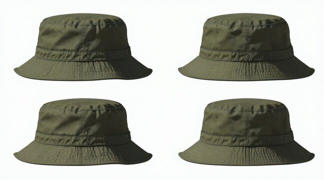 Four green bucket hats displayed isolated on white background. Casual headwear offers sun protection. Versatile head covering for outdoor activities and everyday wear.