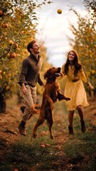 Fototapeta premium Joyful dog jumps for a thrown apple with a smiling couple in a beautiful autumn apple orchard