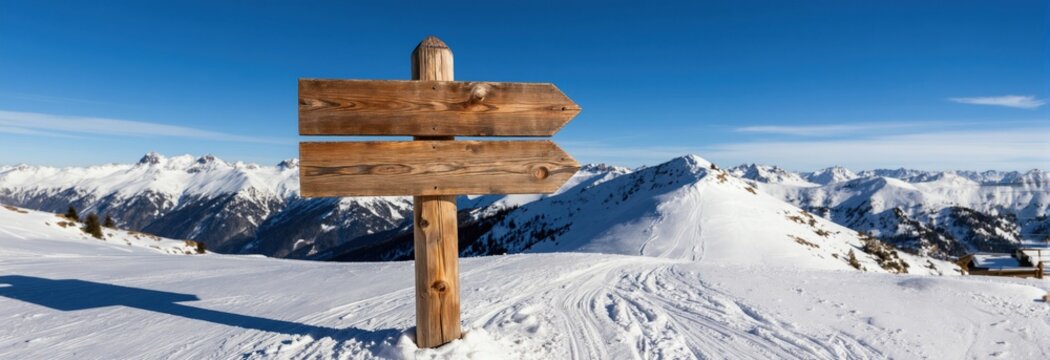 Wooden signpost on snowy mountain range under clear blue sky. Indicates directions on ski slope in winter landscape. Scenic mountain panorama shows snow-covered peaks and ski tracks.
