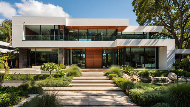 Grand modern architectural home with large front yard water feature and oak trees, real estate