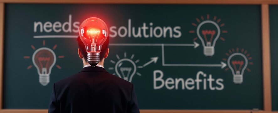 Man wearing suit with glowing light bulb head stands before chalkboard diagram. Needs lead to solutions and benefits, showing idea generation process for business.